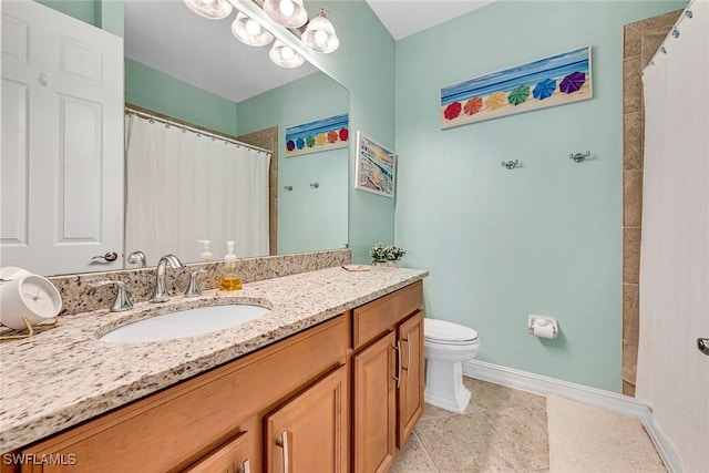 bathroom featuring a shower with shower curtain, vanity, tile patterned flooring, and toilet