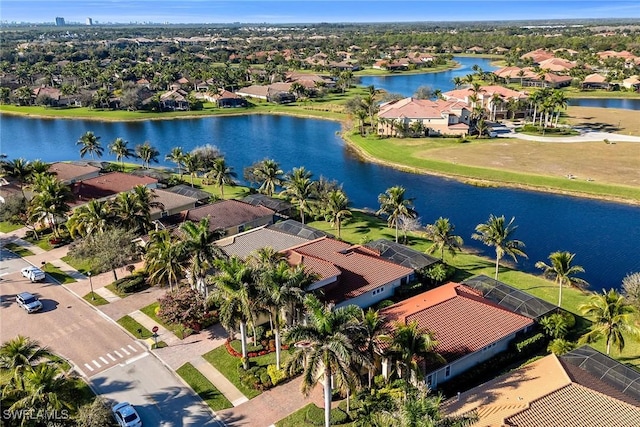 drone / aerial view featuring a water view