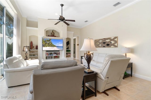 living area featuring visible vents, crown molding, and light tile patterned flooring