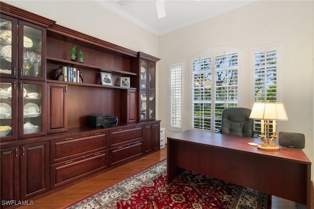 office space with ornamental molding, ceiling fan, and wood finished floors