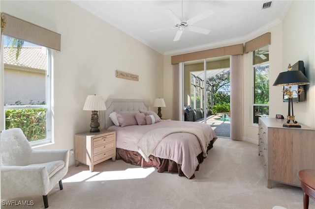 bedroom featuring access to outside, ornamental molding, visible vents, and light colored carpet