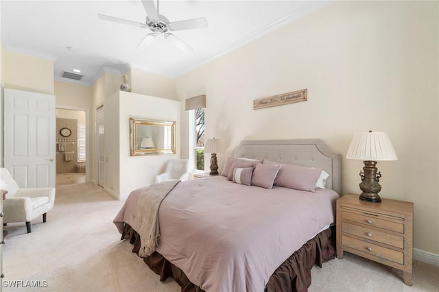 bedroom featuring carpet flooring, visible vents, and crown molding