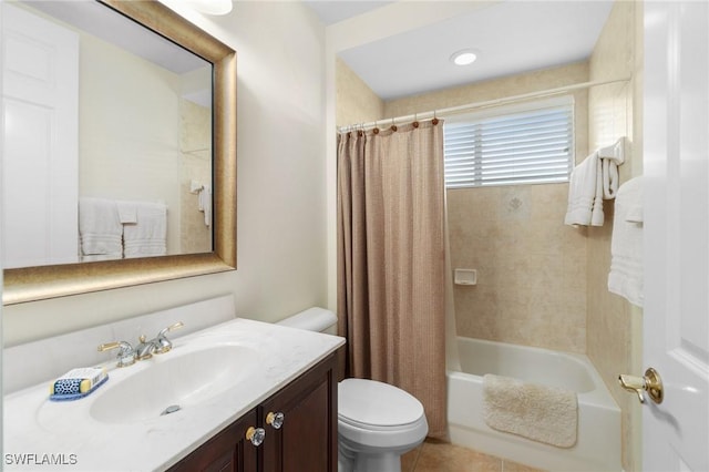 full bath featuring toilet, shower / bathtub combination with curtain, tile patterned flooring, and vanity