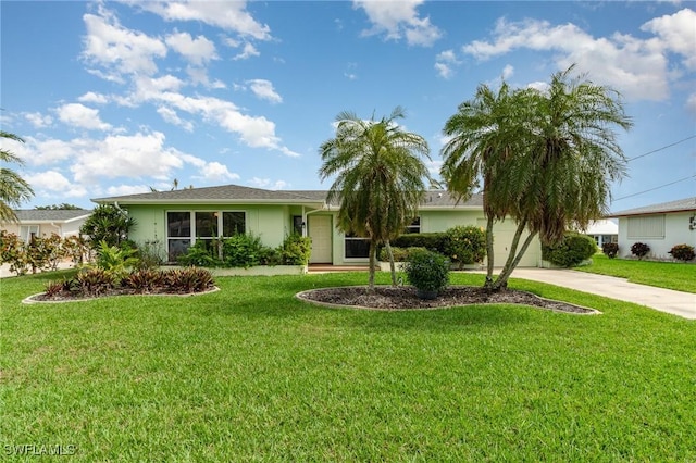 ranch-style home with driveway, a garage, a front lawn, and stucco siding