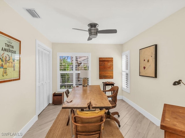 dining area featuring ceiling fan and light hardwood / wood-style flooring