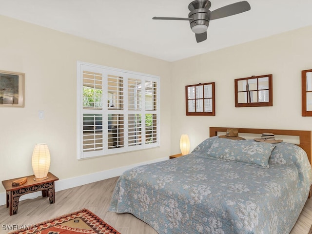 bedroom featuring ceiling fan and light wood-type flooring