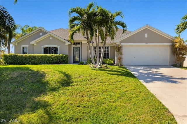 ranch-style home featuring a front yard, concrete driveway, and stucco siding