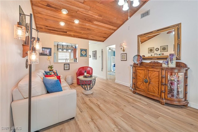 sitting room featuring visible vents, wood ceiling, vaulted ceiling, baseboards, and light wood finished floors