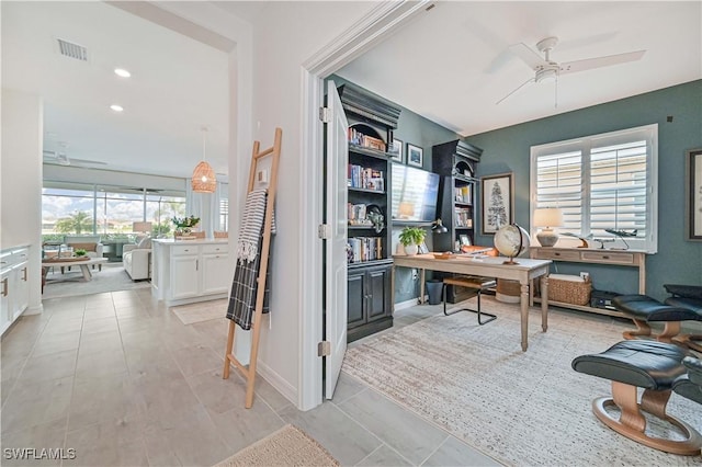 office area with ceiling fan, visible vents, and recessed lighting