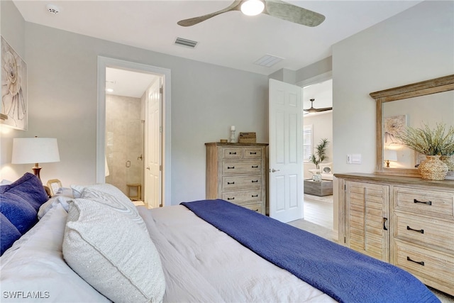 bedroom featuring connected bathroom and ceiling fan