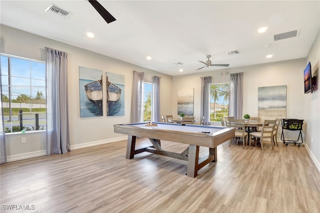 playroom featuring billiards, light hardwood / wood-style floors, and ceiling fan