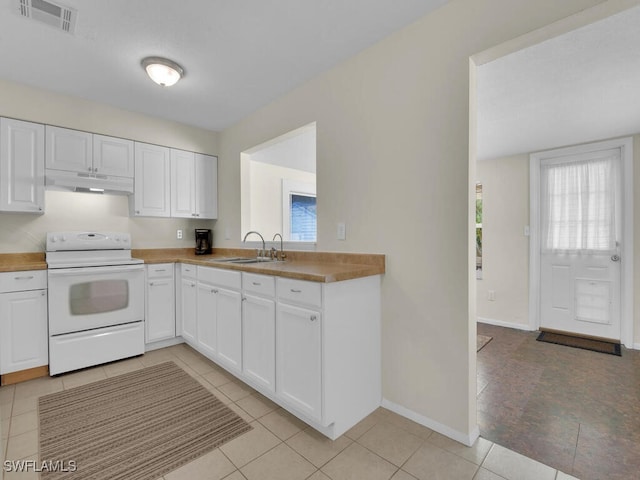 kitchen featuring under cabinet range hood, a sink, visible vents, white cabinets, and white range with electric cooktop