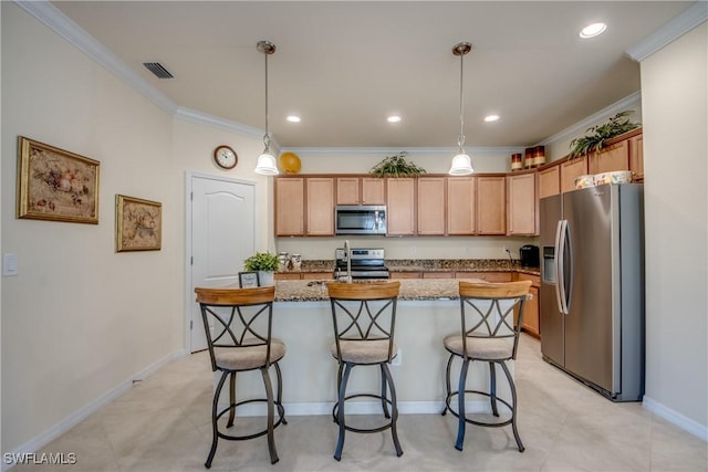 kitchen with a center island with sink, visible vents, appliances with stainless steel finishes, decorative light fixtures, and light stone countertops