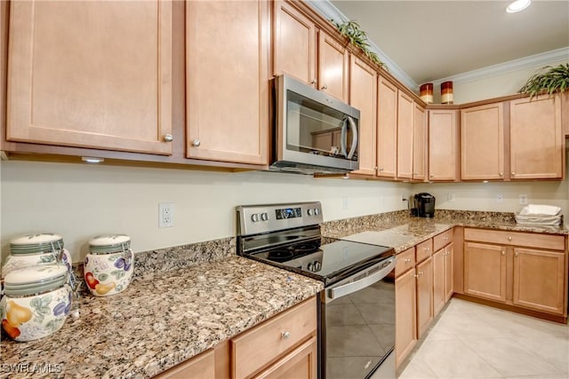 kitchen with ornamental molding, appliances with stainless steel finishes, light tile patterned floors, and light stone countertops