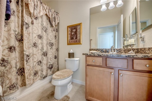 full bathroom with shower / bath combo with shower curtain, vanity, toilet, and tile patterned floors