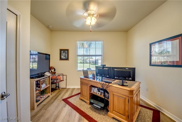 office area featuring baseboards, ceiling fan, and light wood-style floors