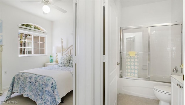 bedroom featuring light tile patterned floors and ceiling fan