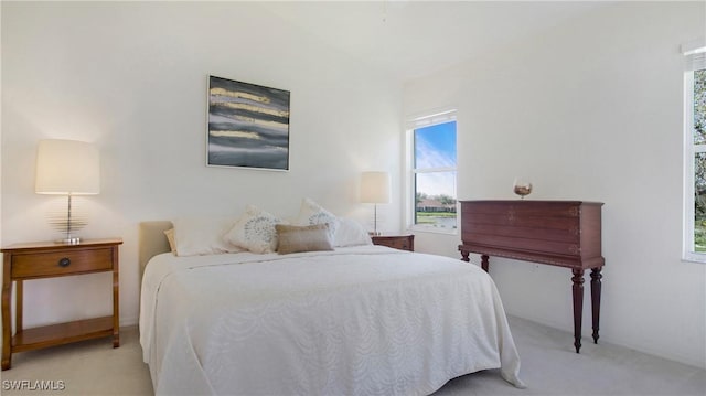 bedroom with light carpet