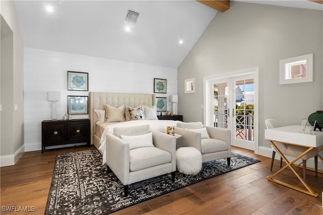bedroom with visible vents, beam ceiling, hardwood / wood-style flooring, and access to outside