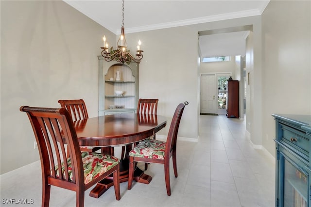 dining room featuring an inviting chandelier, baseboards, light tile patterned floors, and ornamental molding