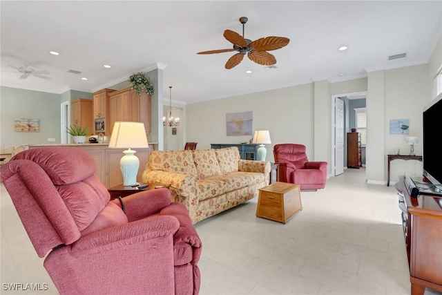 living room featuring recessed lighting, visible vents, and ceiling fan with notable chandelier