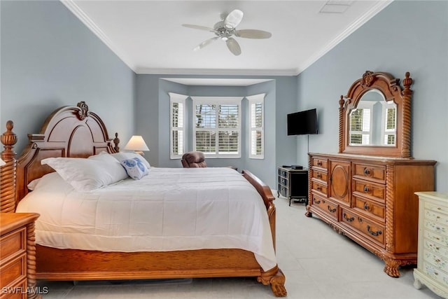 bedroom featuring multiple windows, visible vents, and crown molding