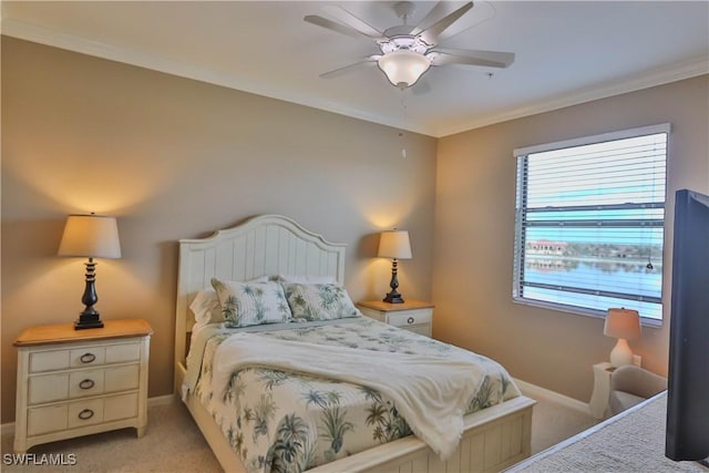 bedroom featuring light carpet, ceiling fan, and ornamental molding