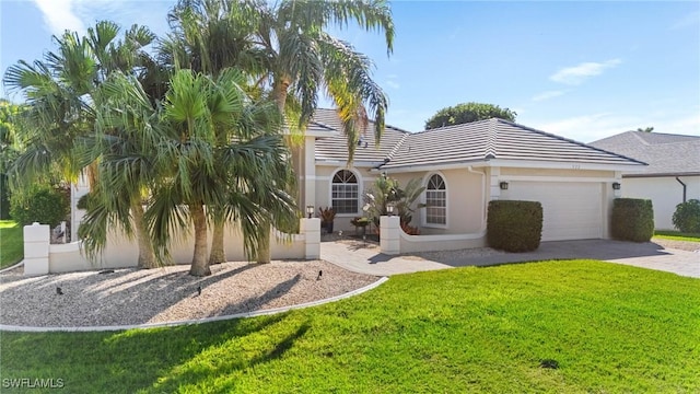 view of front of home featuring a garage, driveway, a tiled roof, a front lawn, and stucco siding