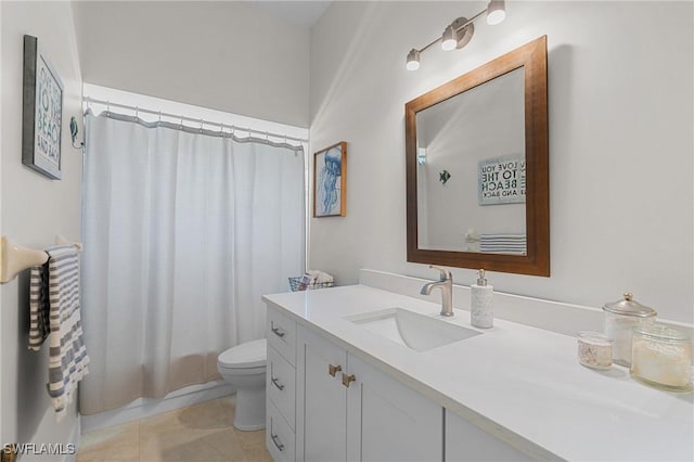 full bathroom with toilet, tile patterned floors, a shower with shower curtain, and vanity