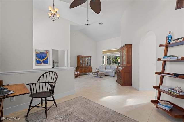 home office with arched walkways, high vaulted ceiling, light tile patterned floors, and visible vents