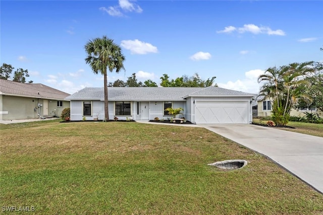 ranch-style house with a front yard and a garage