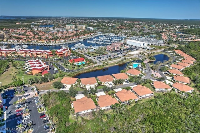 drone / aerial view featuring a water view