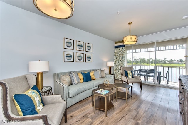 living room with light wood finished floors and a water view