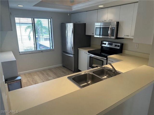 kitchen with sink, kitchen peninsula, stainless steel appliances, and light hardwood / wood-style flooring