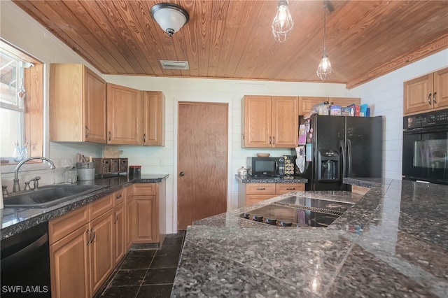 kitchen featuring decorative light fixtures, sink, black appliances, and wooden ceiling