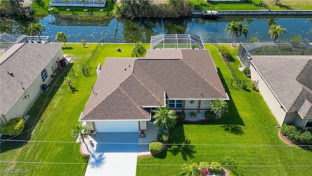 aerial view featuring a water view