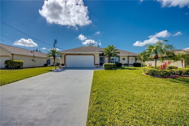 ranch-style house with an attached garage, stucco siding, concrete driveway, and a front yard