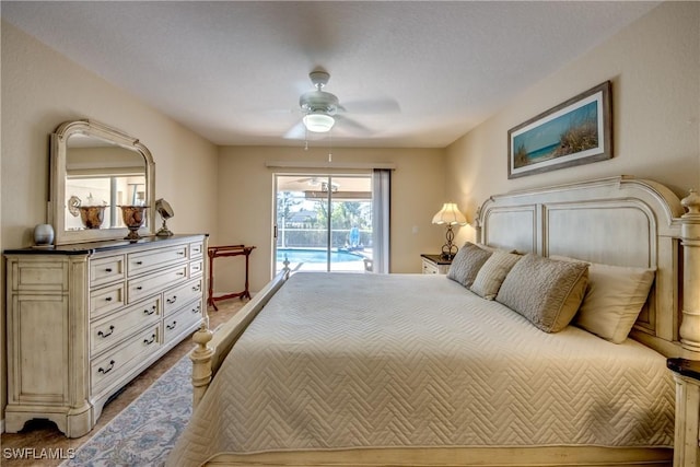 bedroom featuring access to exterior and ceiling fan