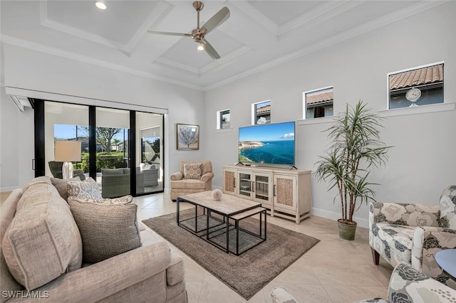 living room featuring coffered ceiling, ceiling fan, crown molding, a high ceiling, and beam ceiling