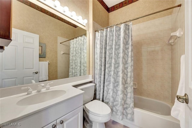 full bathroom featuring toilet, shower / bath combination with curtain, and vanity