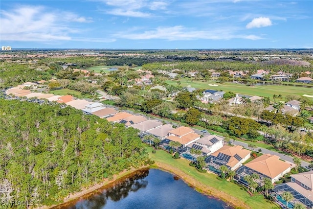 birds eye view of property featuring a water view, a residential view, and golf course view