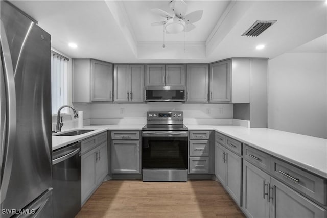 kitchen with light hardwood / wood-style floors, sink, gray cabinets, a raised ceiling, and appliances with stainless steel finishes