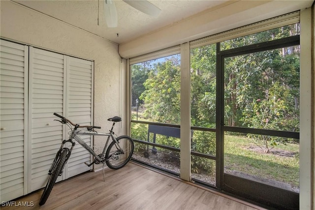 unfurnished sunroom featuring ceiling fan