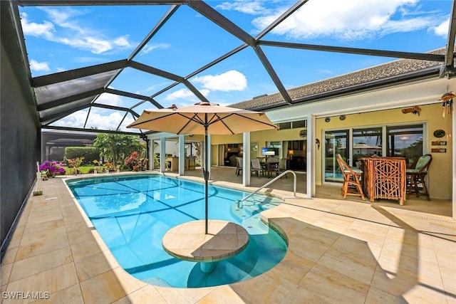 pool with a lanai, a patio, and outdoor dining space