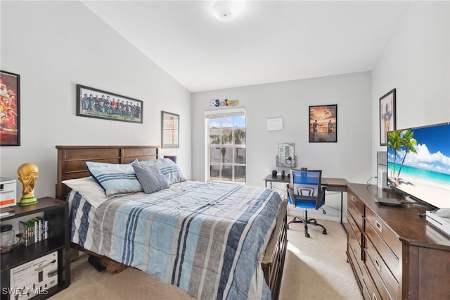 bedroom with light carpet and vaulted ceiling