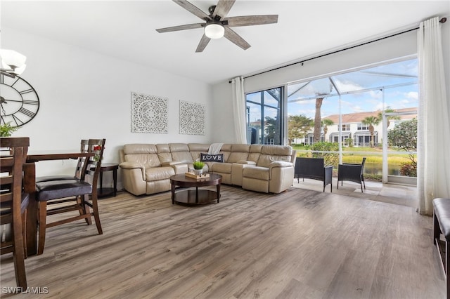 living room with hardwood / wood-style flooring, ceiling fan, and a wealth of natural light