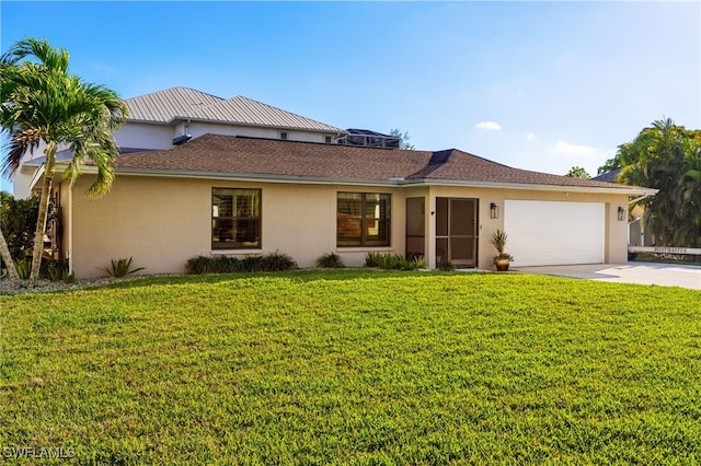 single story home with an attached garage, stucco siding, concrete driveway, and a front yard