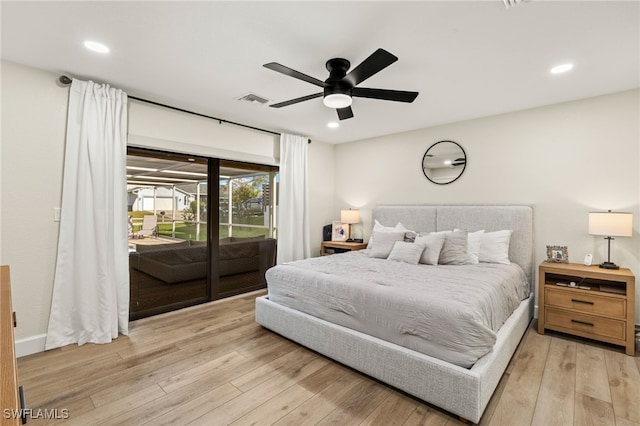 bedroom featuring recessed lighting, visible vents, a ceiling fan, wood finished floors, and access to outside