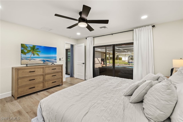 bedroom with light wood finished floors, visible vents, a ceiling fan, access to exterior, and recessed lighting