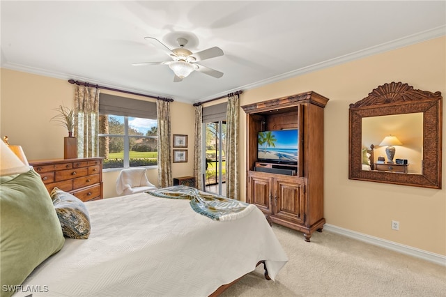 bedroom with access to outside, ornamental molding, baseboards, and light colored carpet